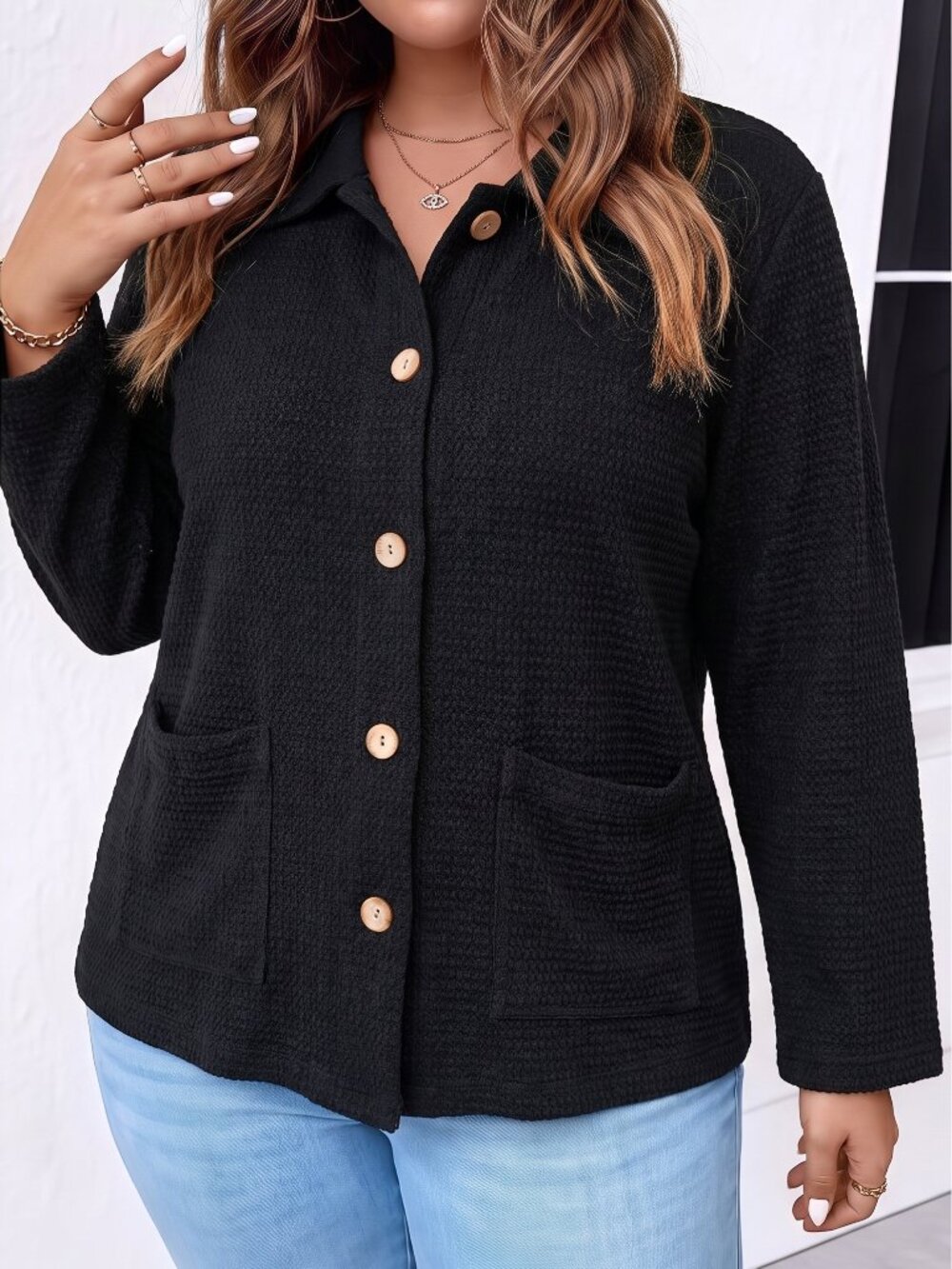 Focus Casual Life Black Textured Button-Front Jacket